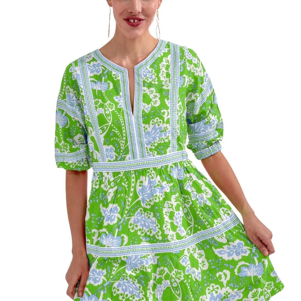 Gretchen Scott Designs CottonGreen and Light Blue Floral Tiered Dress